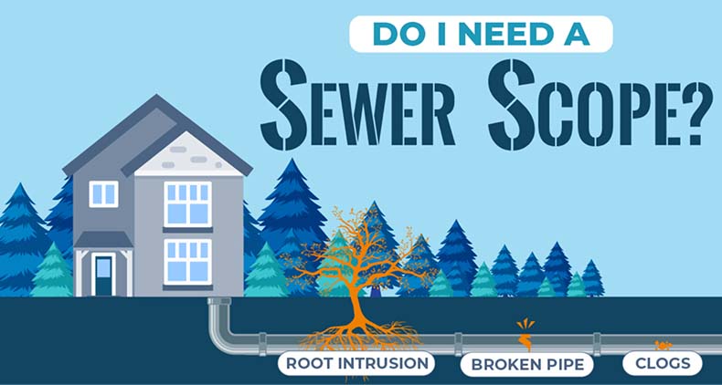 Do I need a sewer scope? Diagram showing damage to a sewer lateral via root intrusion, a broken pipe, and clogs.